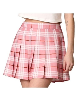 Womens' Girls' High Waist Mini Plaid School Uniform Pleated Skater Tennis Skirt with Lining Shorts
