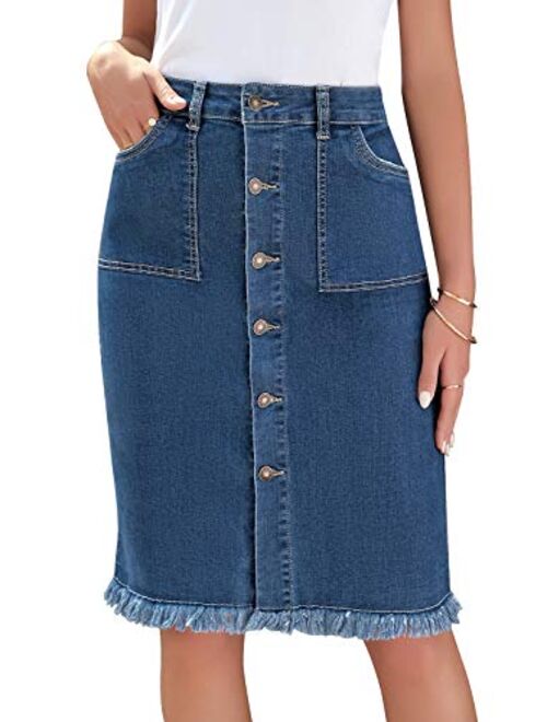 luvamia Women's Casual Mid Rise Button Down Frayed Raw Hem Denim Jean Midi Skirt