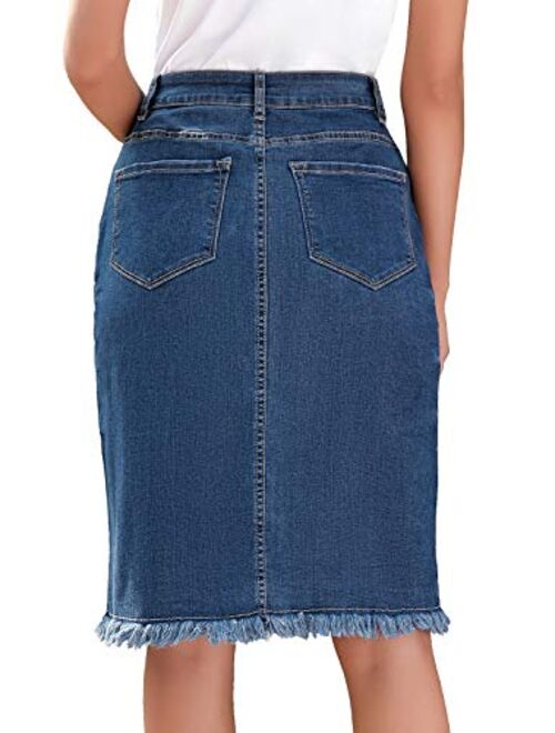 luvamia Women's Casual Mid Rise Button Down Frayed Raw Hem Denim Jean Midi Skirt