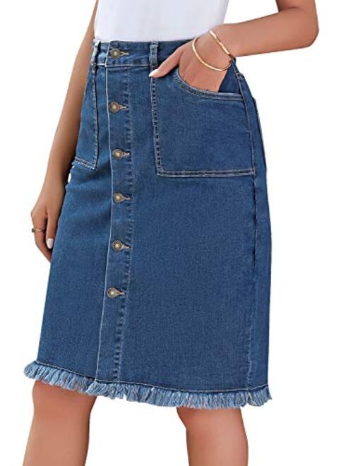 luvamia Women's Casual Mid Rise Button Down Frayed Raw Hem Denim Jean Midi Skirt