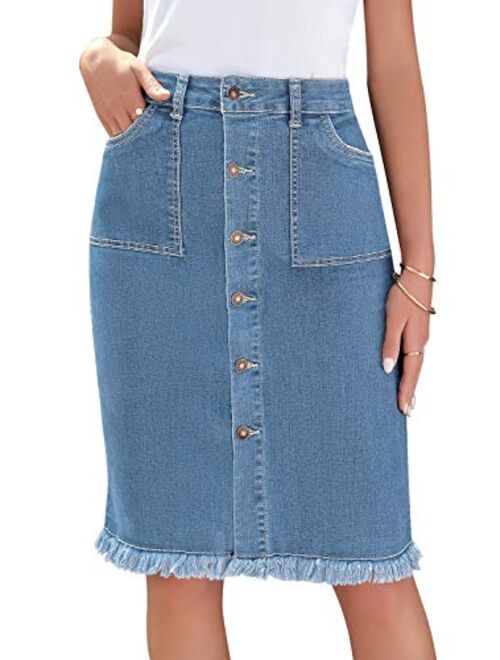 luvamia Women's Casual Mid Rise Button Down Frayed Raw Hem Denim Jean Midi Skirt