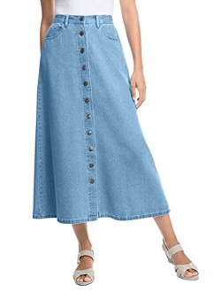 Women's Plus Size Button Front Long Denim Skirt