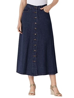 Women's Plus Size Button Front Long Denim Skirt