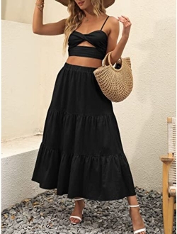 Womens Summer Boho Elastic Waist Pleated A-Line Flowy Swing Tiered Long Beach Skirt Dress with Pockets
