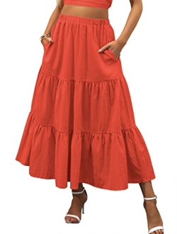 Womens Summer Boho Elastic Waist Pleated A-Line Flowy Swing Tiered Long Beach Skirt Dress with Pockets