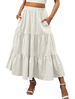 Womens Summer Boho Elastic Waist Pleated A-Line Flowy Swing Tiered Long Beach Skirt Dress with Pockets