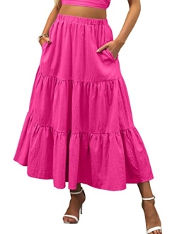 Womens Summer Boho Elastic Waist Pleated A-Line Flowy Swing Tiered Long Beach Skirt Dress with Pockets