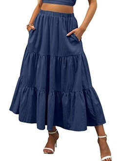 Womens Summer Boho Elastic Waist Pleated A-Line Flowy Swing Tiered Long Beach Skirt Dress with Pockets