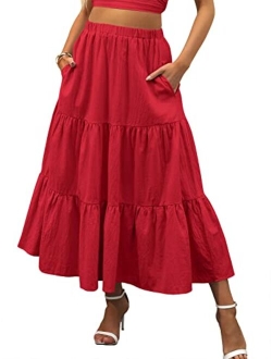 Womens Summer Boho Elastic Waist Pleated A-Line Flowy Swing Tiered Long Beach Skirt Dress with Pockets