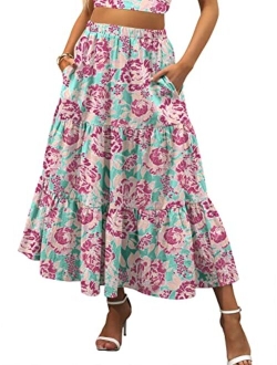 Womens Summer Boho Elastic Waist Pleated A-Line Flowy Swing Tiered Long Beach Skirt Dress with Pockets