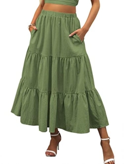 Womens Summer Boho Elastic Waist Pleated A-Line Flowy Swing Tiered Long Beach Skirt Dress with Pockets