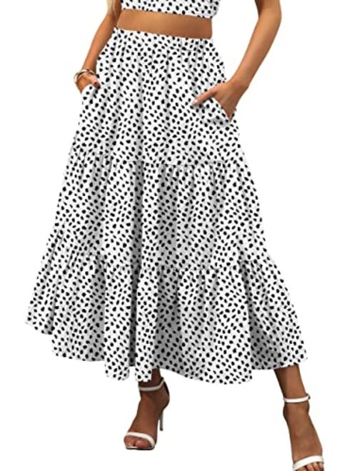 ANRABESS Women’s Summer Boho Elastic Waist Pleated A-Line Flowy Swing Tiered Long Beach Skirt Dress with Pockets