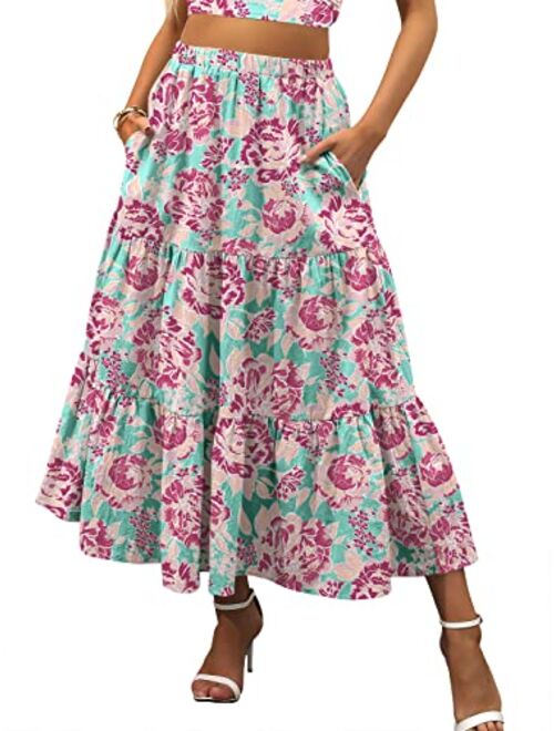 ANRABESS Women’s Summer Boho Elastic Waist Pleated A-Line Flowy Swing Tiered Long Beach Skirt Dress with Pockets