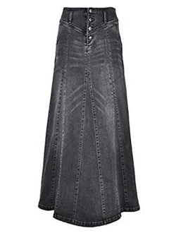 CHARTOU Women's Retro Exposure Button-Fly Packaged Hip A-Line Maxi Long Denim Skirt