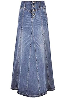 CHARTOU Women's Retro Exposure Button-Fly Packaged Hip A-Line Maxi Long Denim Skirt