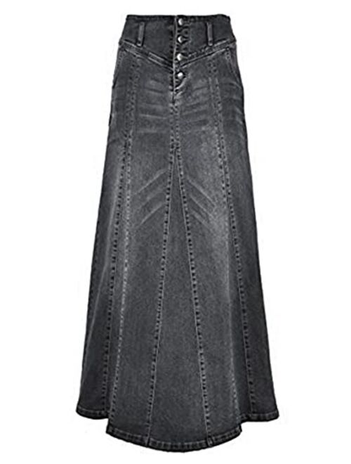 CHARTOU Women's Retro Exposure Button-Fly Packaged Hip A-Line Maxi Long Denim Skirt