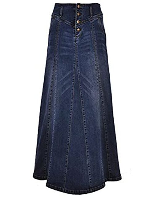 CHARTOU Women's Retro Exposure Button-Fly Packaged Hip A-Line Maxi Long Denim Skirt