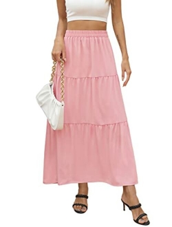 Annebouti Women Summer Boho Elastic High Waist Pleated A Line Tiered Maxi Skirt