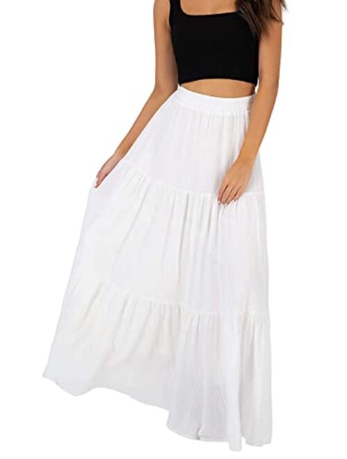 Annebouti Women Summer Boho Elastic High Waist Pleated A Line Tiered Maxi Skirt