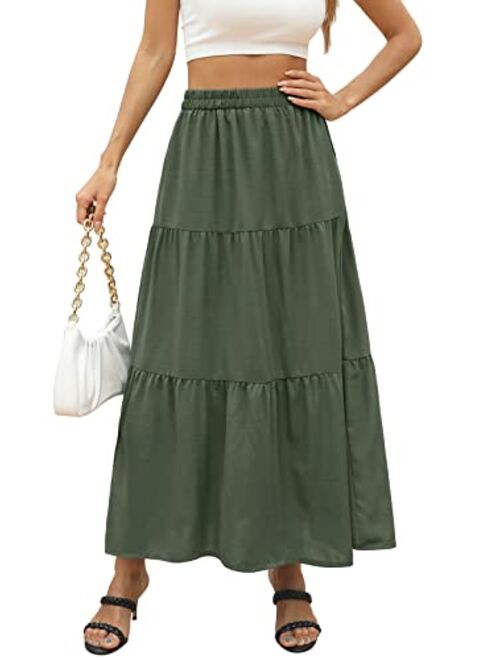 Annebouti Women Summer Boho Elastic High Waist Pleated A Line Tiered Maxi Skirt