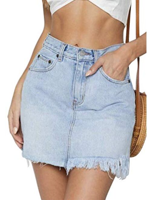 Tsher Jean Skirt Women's High Waisted Fringed Slim Fit Elastic Bodycon Mini Denim Skirt