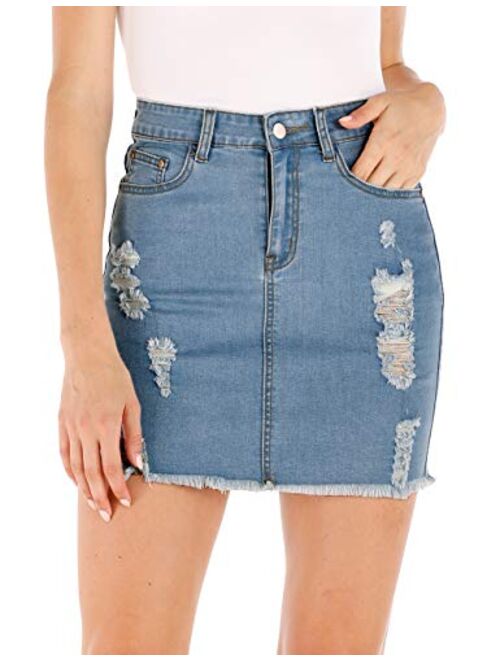 Haola Women's Casual Distressed Fray Hem Ripped A-Line Denim Short Skirt