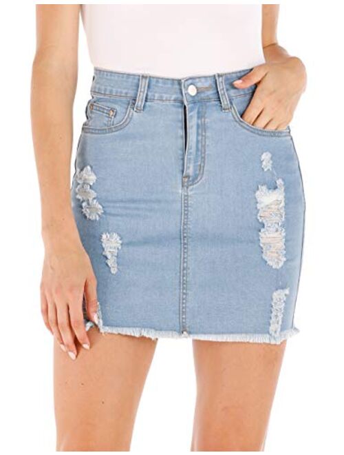 Haola Women's Casual Distressed Fray Hem Ripped A-Line Denim Short Skirt