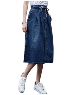 Tanming Women's Casual Vintage Elastic Waist Flared Pleated Midi Denim Jean Skirt