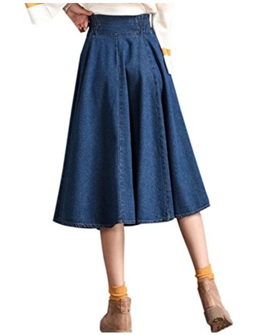 Tanming Women's Casual Vintage Elastic Waist Flared Pleated Midi Denim Jean Skirt