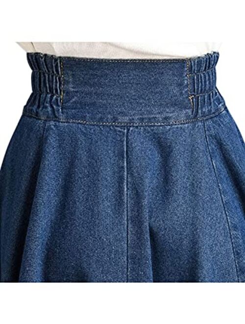 Tanming Women's Casual Vintage Elastic Waist Flared Pleated Midi Denim Jean Skirt