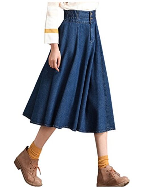 Tanming Women's Casual Vintage Elastic Waist Flared Pleated Midi Denim Jean Skirt