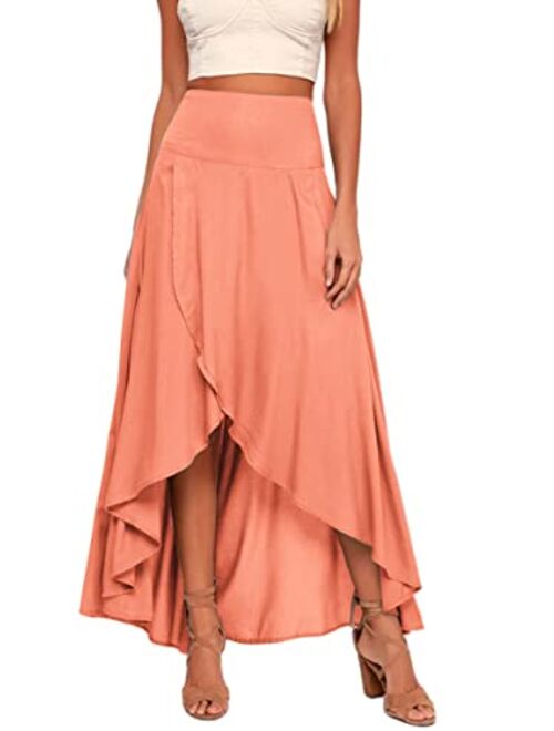 Zwurew Women's High Low Maxi Skirts Asymmetrical Elastic High Waist Long Draped Tulip Hem Skirt