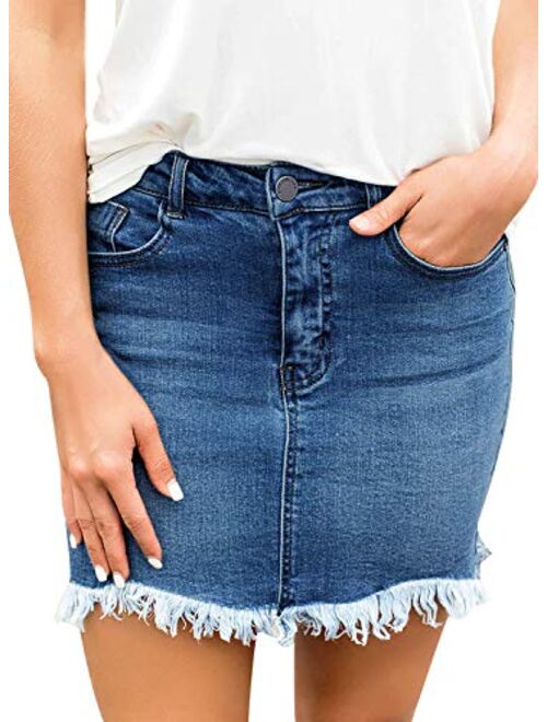 GRAPENT Women's Casual Mid Rise Ripped Pockets Distressed Short Denim Jeans Skirt