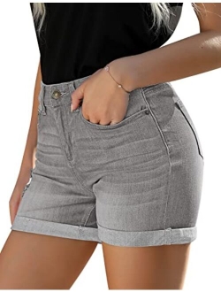 Utyful Women's Casual High Waisted Distressed Shorts Folded Hem Stretch Jean Denim Shorts