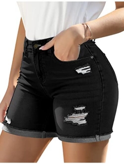 Utyful Women's Casual High Waisted Distressed Shorts Folded Hem Stretch Jean Denim Shorts