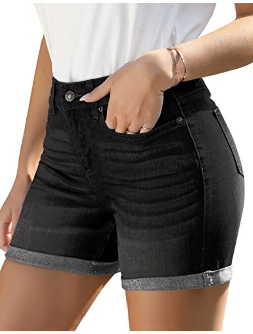 Utyful Women's Casual High Waisted Distressed Shorts Folded Hem Stretch Jean Denim Shorts