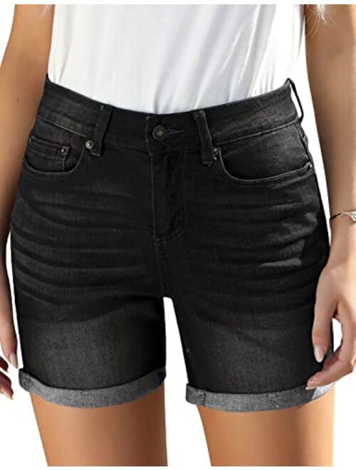 Utyful Women's Casual High Waisted Distressed Shorts Folded Hem Stretch Jean Denim Shorts