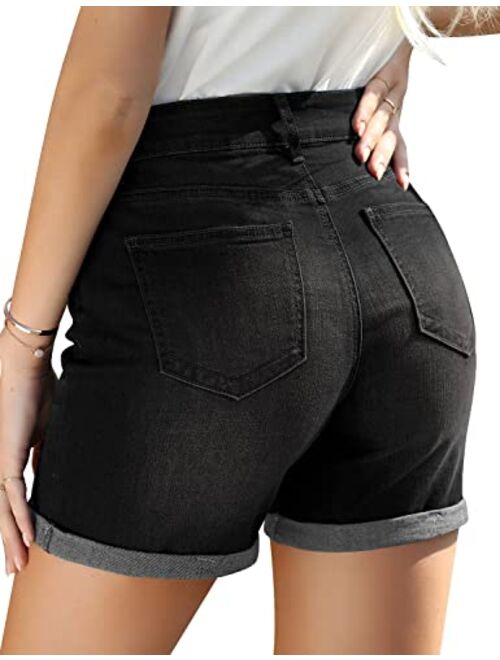 Utyful Women's Casual High Waisted Distressed Shorts Folded Hem Stretch Jean Denim Shorts