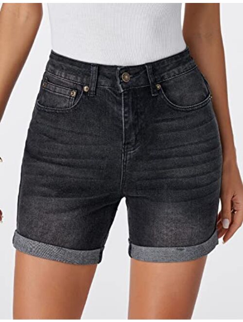 Utyful Women's Casual High Waisted Distressed Shorts Folded Hem Stretch Jean Denim Shorts