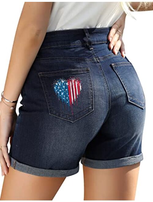 Utyful Women's Casual High Waisted Distressed Shorts Folded Hem Stretch Jean Denim Shorts