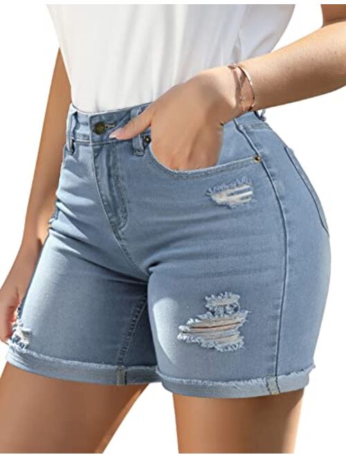 Utyful Women's Casual High Waisted Distressed Shorts Folded Hem Stretch Jean Denim Shorts