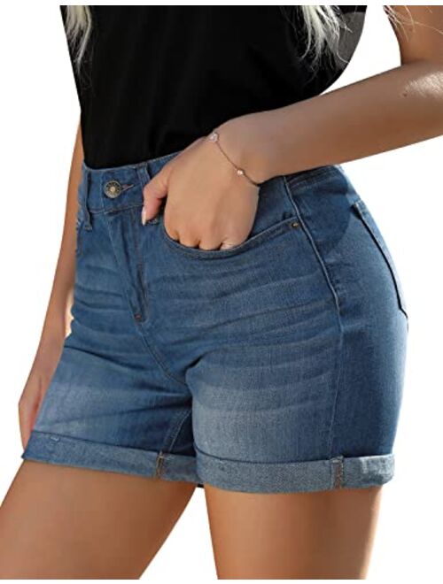 Utyful Women's Casual High Waisted Distressed Shorts Folded Hem Stretch Jean Denim Shorts