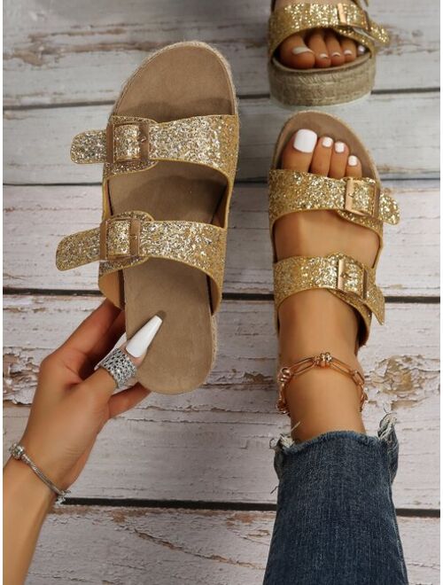 Shein Glitter Buckle Decor Flatform Slide Sandals