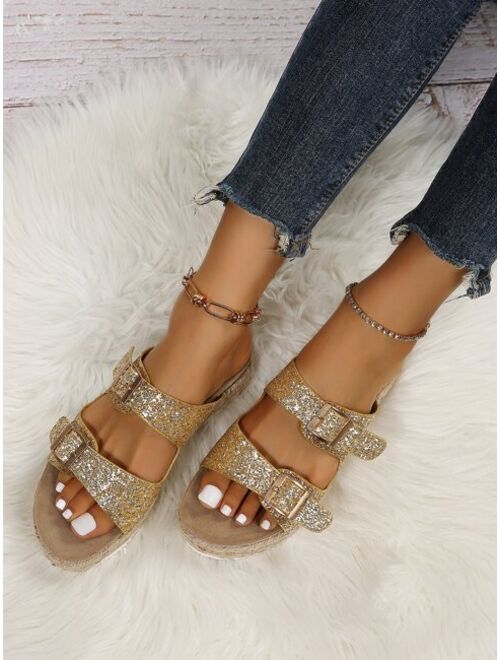 Shein Glitter Buckle Decor Flatform Slide Sandals