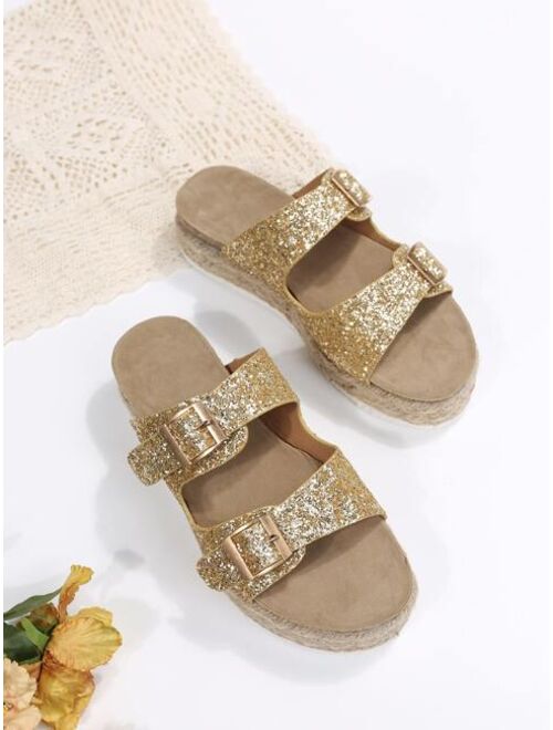 Shein Glitter Buckle Decor Flatform Slide Sandals