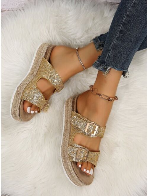 Shein Glitter Buckle Decor Flatform Slide Sandals