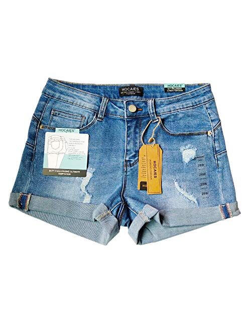 HOCAIES Women's Juniors Mid Rise Jean Shorts Folded Hem Denim Shorts for Women