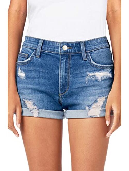 HOCAIES Women's Juniors Mid Rise Jean Shorts Folded Hem Denim Shorts for Women