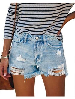 HOCAIES Women's Juniors Jean Shorts Frayed Raw Hem Ripped Denim Shorts for Women