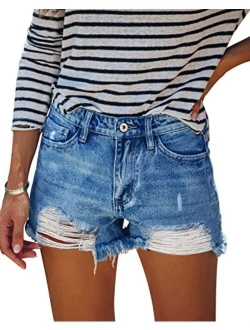 HOCAIES Women's Juniors Jean Shorts Frayed Raw Hem Ripped Denim Shorts for Women